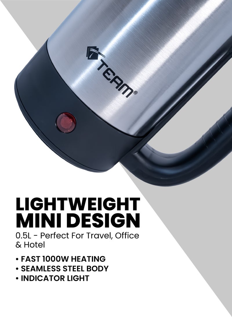 TEAM 304 Stainless Steel Electric Kettle 0.5L, Travel Portable Mini Kettle for Boiling Water | 1000W Fast Heating | Seamless Steel Body, Auto Shut‑Off, Boil Dry Protection, Thermostat Control - Image 3